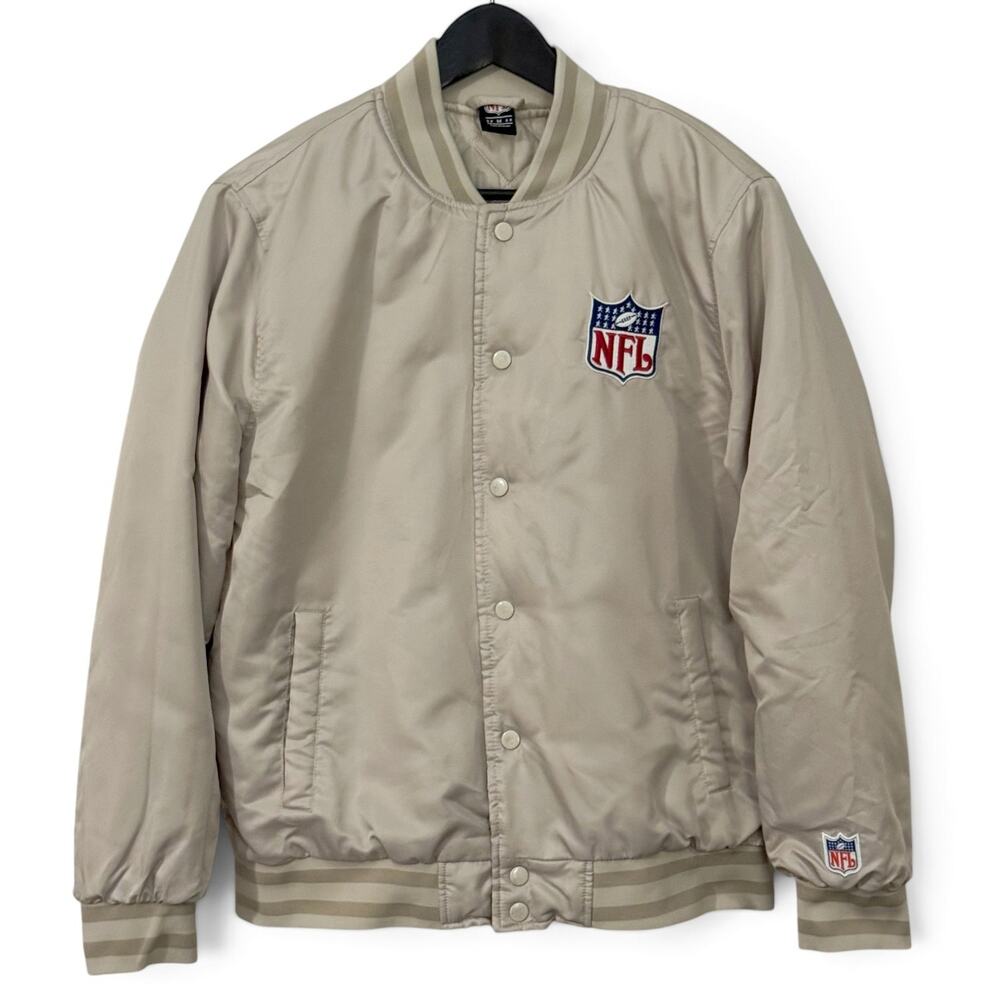 NFL Shield Logo Satin Button Up Bomber Jacket Sand Colored Ultra Game Medium